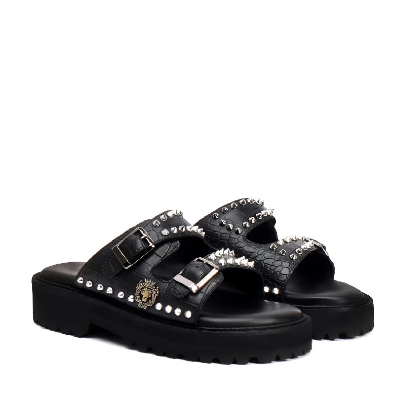 Unisex leather shoes soft gray-Studded Slide-in Slippers with Chunky Sole in Black Cut Croco Leather Detailing