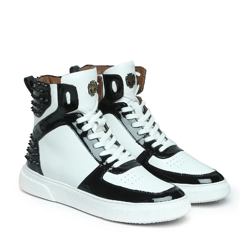 Unisex leather shoes premium gray-Studded White Leather Sneakers with Patent Leather Detailing