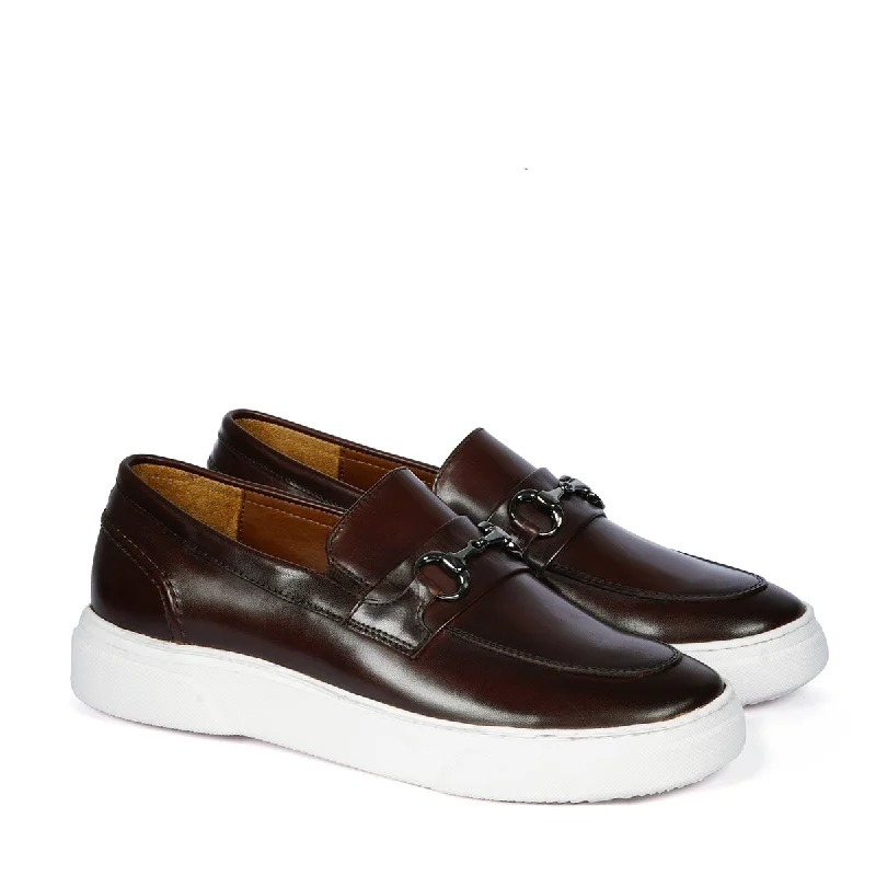 Unisex leather shoes sleek brown-Horse-bit Buckled Slip-On Sneakers in Dark Brown Leather With White Sole