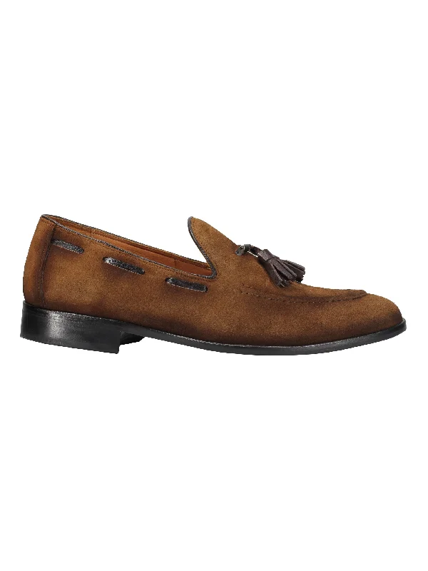 Unisex leather shoes office tan-SUDED LEATHER TASSEL LOAFERS IN TAN