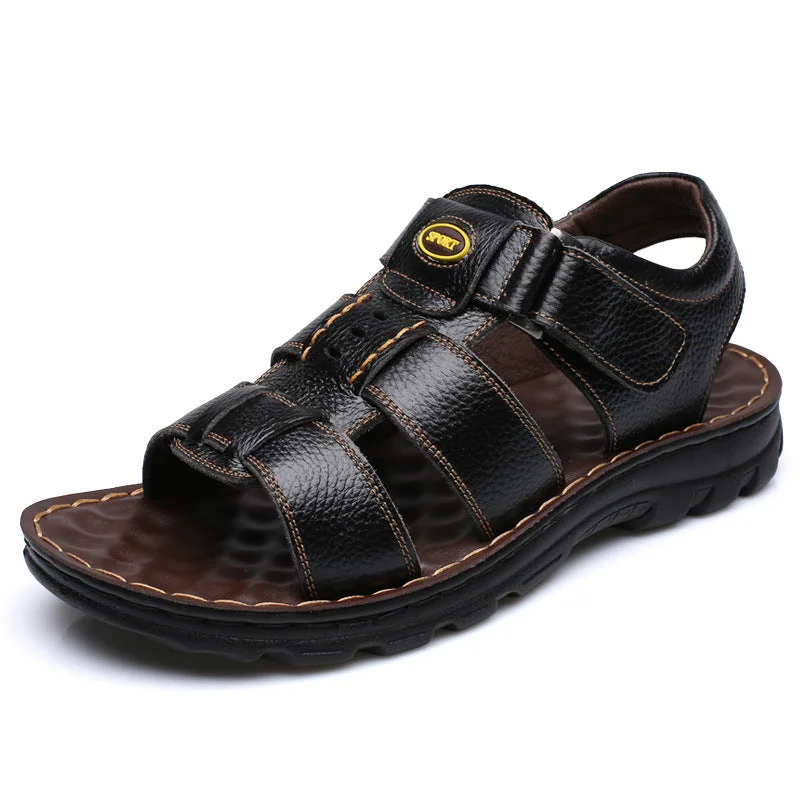 Men's water shoes flexible blue-Summer Casual Beach Leather Versatile Velcro Sandals