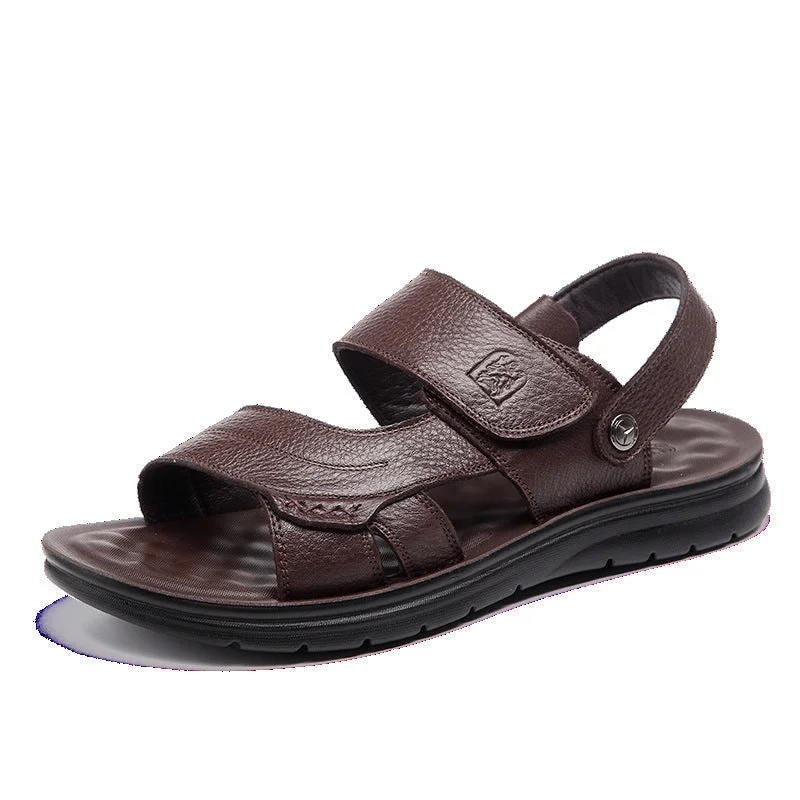 Men's water shoes non-slip sole-Summer Comfortable Beach Leather Velcro Sandals