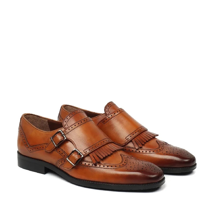 Unisex leather shoes formal brown-Tan Medallion Toe Wingtip Punching with Fringes Double Monk Strap Formals by Brune & Bareskin