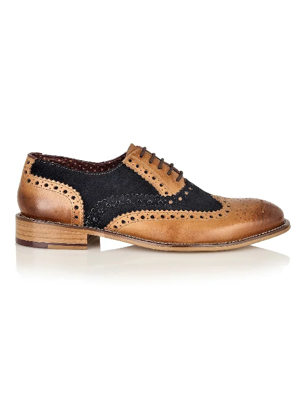 Unisex leather shoes polished brown-TAN NAVY SUEDE OXFORD BROGUES