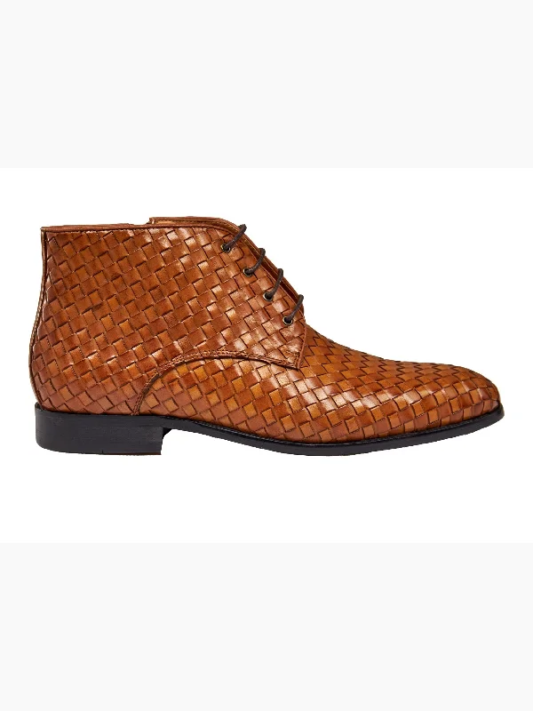 Unisex leather shoes office chic-TAN WOVEN LEATHER BOOTS