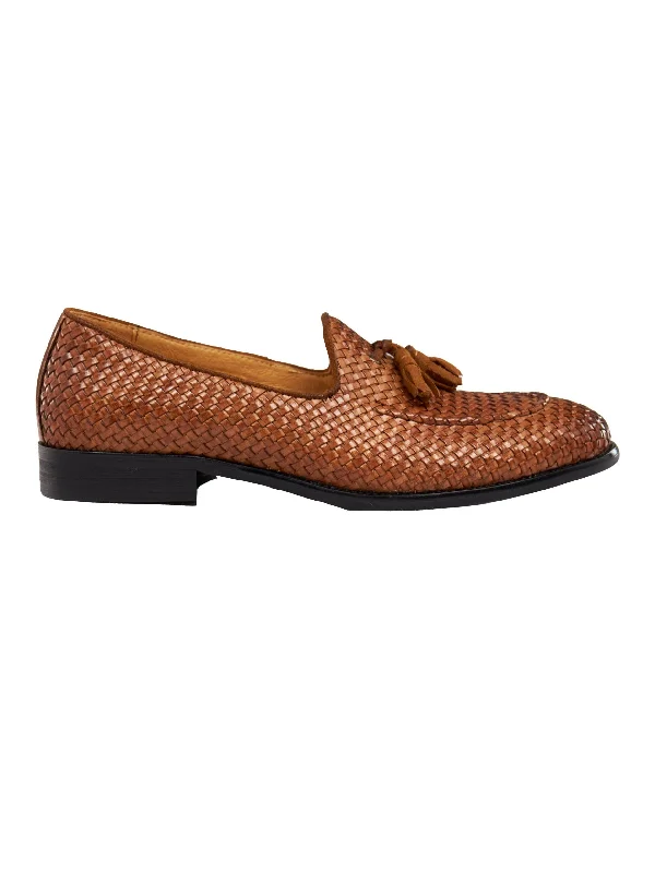 Unisex leather shoes polished brown-TAN WOVEN LEATHER TASSEL LOAFER