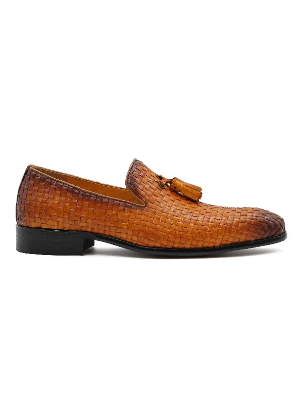 Unisex leather shoes office tan-TAN WOVEN LEATHER TASSEL LOAFERS