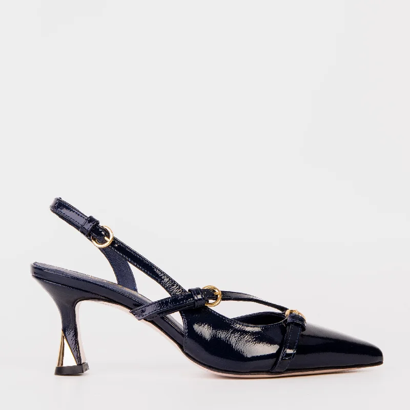 Unisex leather shoes durable black-The Atlantic Navy Blue Leather Slingback Women Sandal