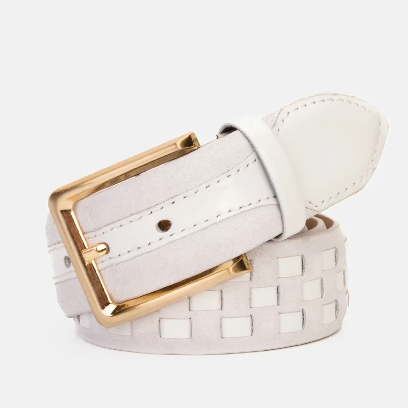 Unisex leather shoes premium tan-The Eugene White & Gold Woven Leather Belt