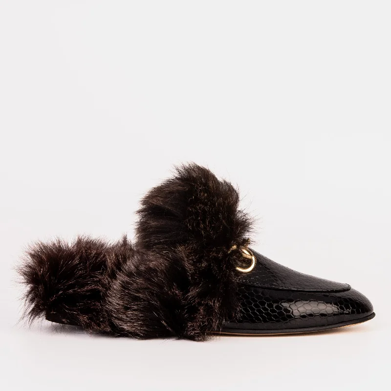 Unisex leather shoes premium tan-The Izmir Black Patent Leather Natural Fur Women Slipper