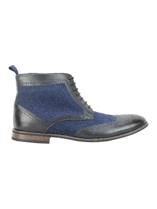 Unisex leather shoes versatile navy-FAUX LEATHER TWEED BROGUE BOOTS LACE UPS