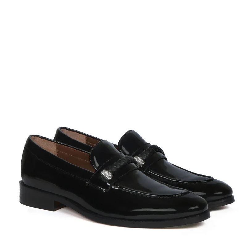 Unisex leather shoes versatile gray-Crystal Beads Embellishments Loafers in Black Patent Leather