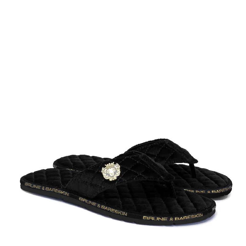 Unisex leather shoes stylish black-V-Shaped Quilted Slippers with Black Brand Lining Velvet