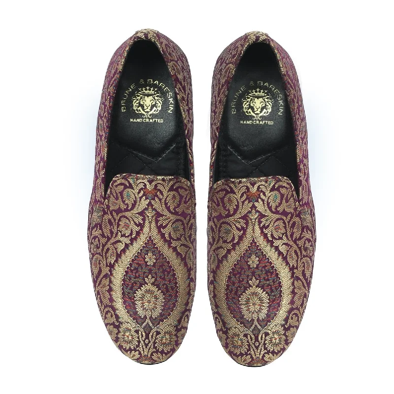 Unisex leather shoes soft gray-Men's Purple cultural inspired Embroidery Slip-On by Brune & Bareskin