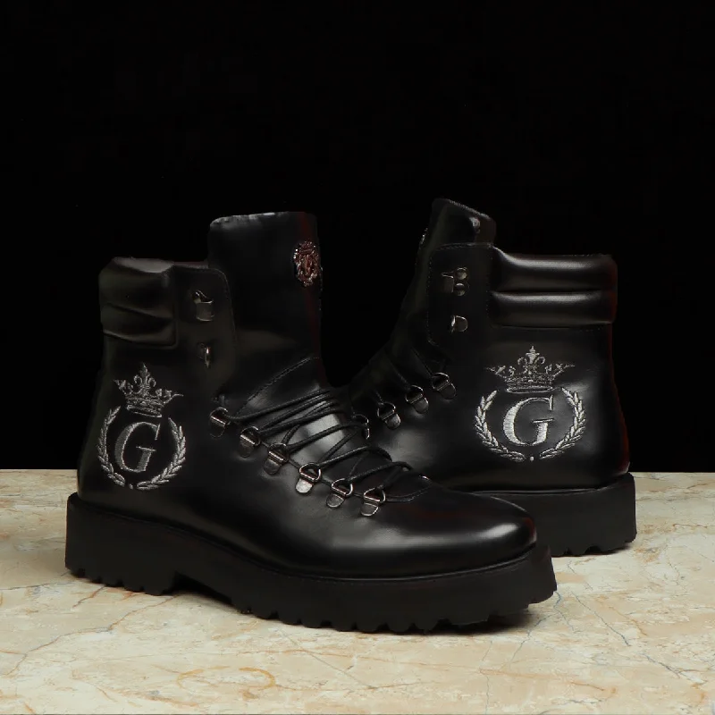 Unisex leather shoes soft leather-Bespoke "G" Initial Black Biker Crown Embroidery Boot For Men By Brune & Bareskin