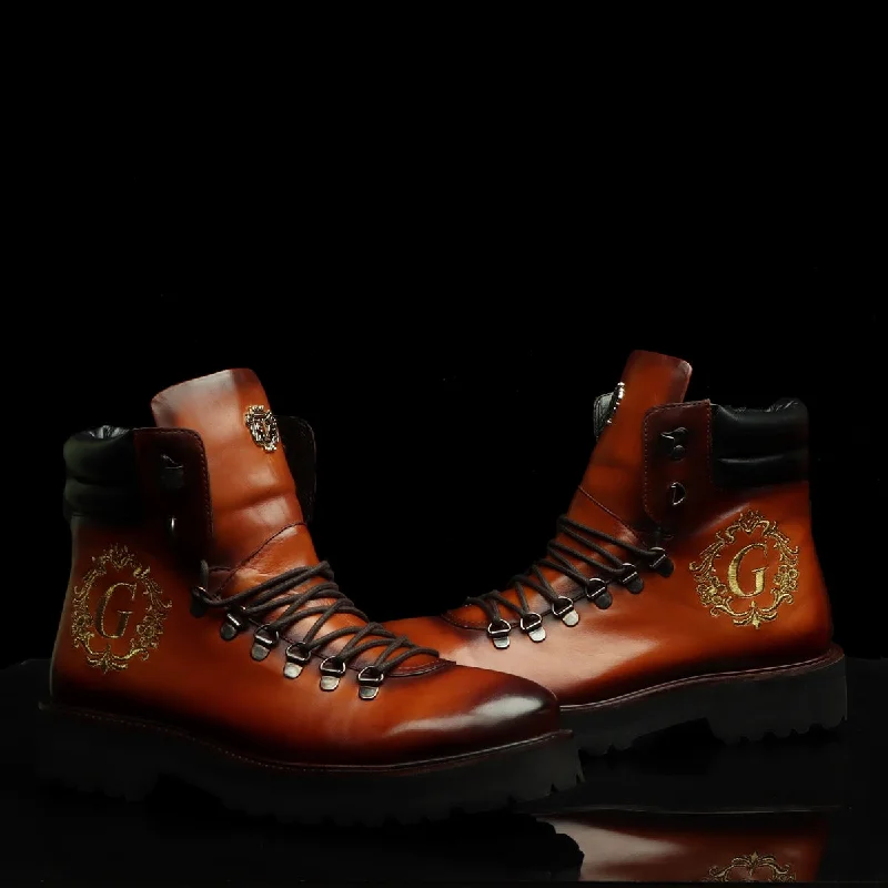 Unisex leather shoes versatile tan-Bespoke "G" Initial Tan Leather Royal Crest Embroidery Biker Boot for Men By Brune & Bareskin