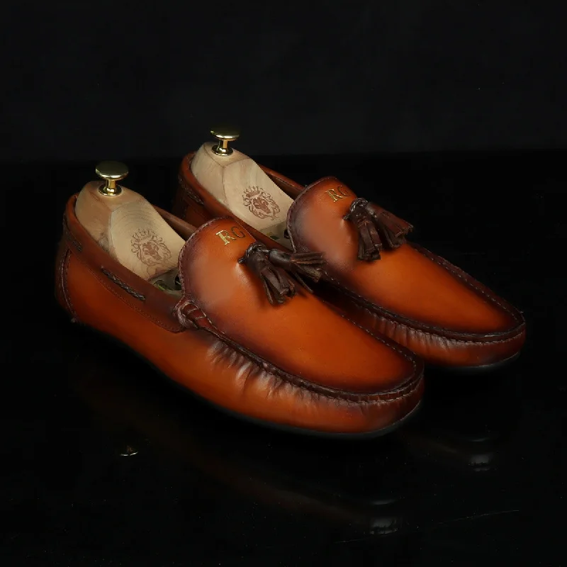 Unisex leather shoes office brown-Bespoke "RG" Initial Men's Tan Leather Tassel Moccasins Loafers By Brune & Bareskin