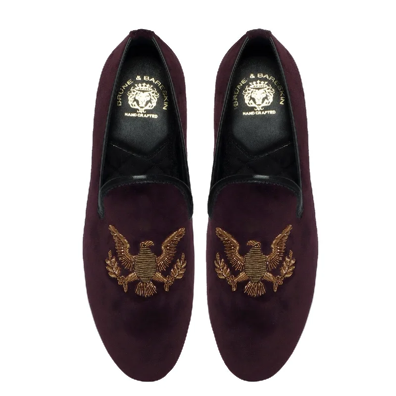 Unisex leather shoes versatile black-Handmade Eagle Zardosi Slip-On Shoes in Purple Italian Velvet By Brune & Bareskin