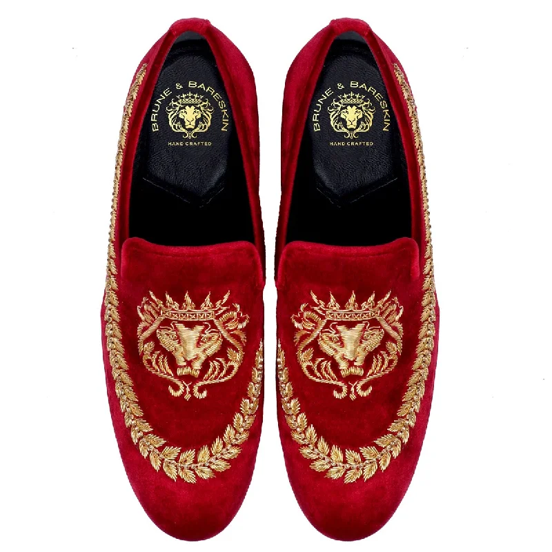 Unisex leather shoes breathable tan-Red Velvet Slip-on Shoes with Golden Hand Zardosi Stem Design By Brune & Bareskin