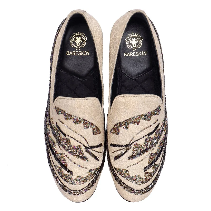 Unisex leather shoes lightweight navy-Men's Beige Zardosi Slip-On Shoes with Multi Color Abstract Embellishments