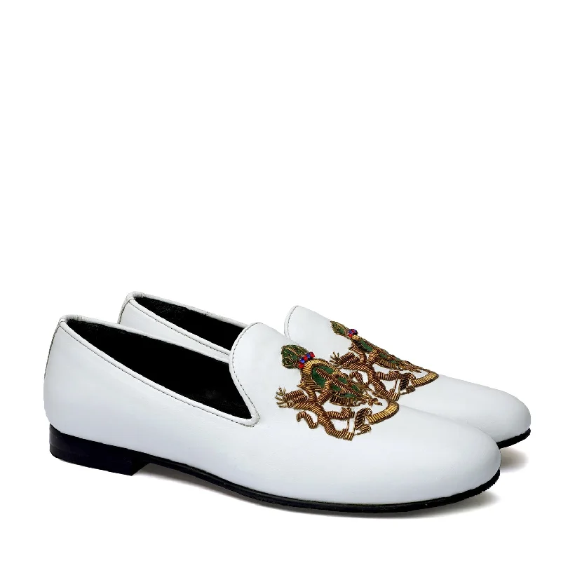 Unisex leather shoes stylish navy-Green Accent Golden Zardosi Slip-On Shoe in Royal Crown Lion Crest White Leather