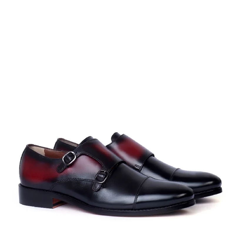 Unisex leather shoes durable gray-Dual Tone Black/Wine Double Monk Leather Straps Shoes By Brune & Bareskin