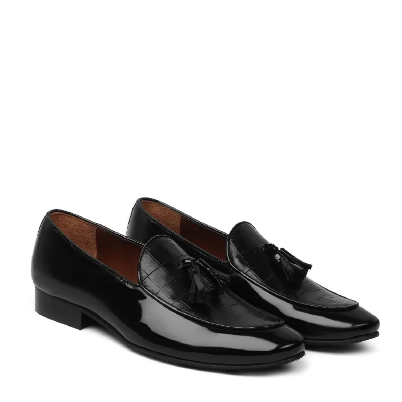 Unisex leather shoes office black-Men's Black Tassel Loafers with Deep Cut Croco Leather at Vamp by Brune & Bareskin