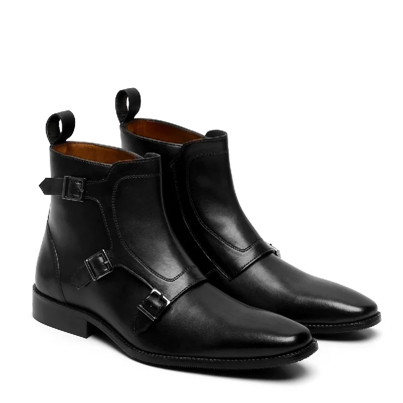 Unisex leather shoes lightweight navy-Men's Black Triple Monk High Ankle Leather Boots By Brune & Bareskin