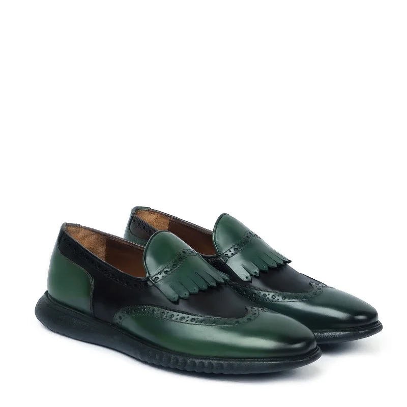 Unisex leather shoes durable black-Dual Shade Light Weight Leather Loafer with Green-Dark Brown Wingtip Brogue Fringes