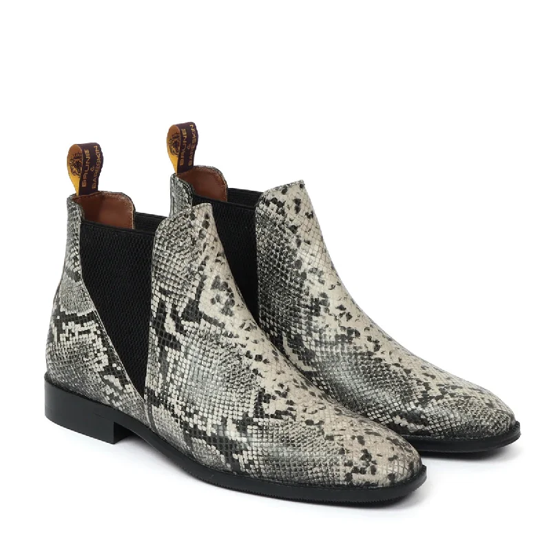 Unisex leather shoes lightweight black-Black-White Snake Print Leather Chelsea Boot