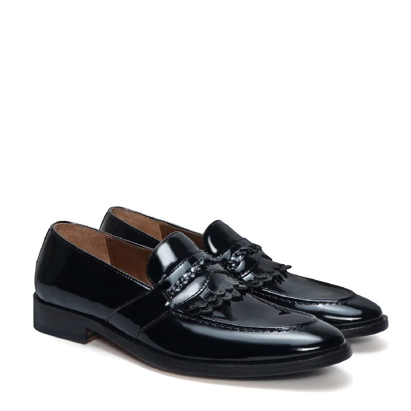 Unisex leather shoes office white-Black Patent Leather Slip-On Loafers with Dual Fringes Weaved Strip by Brune & Bareskin