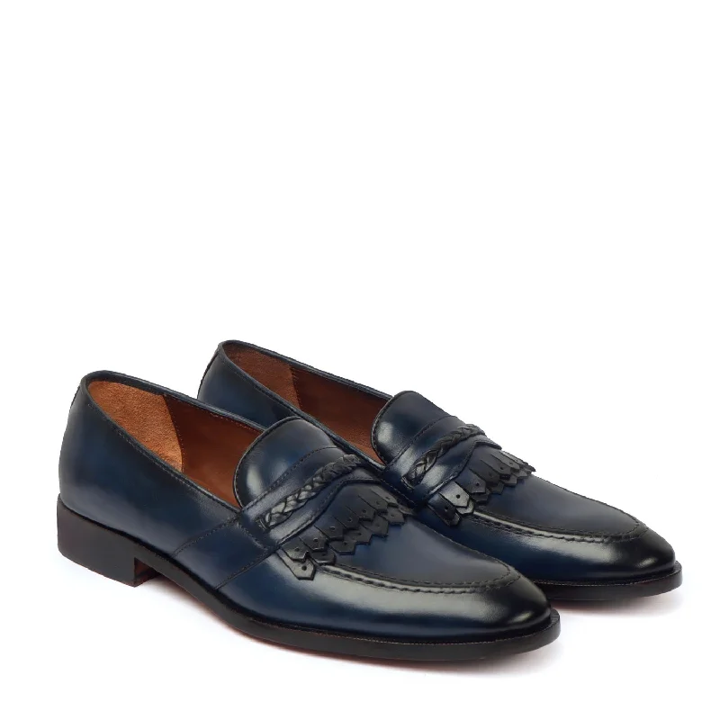 Unisex leather shoes durable navy-Men's Blue Leather Slip-On Loafers with Dual Fringes Weaved Strip by Brune & Bareskin