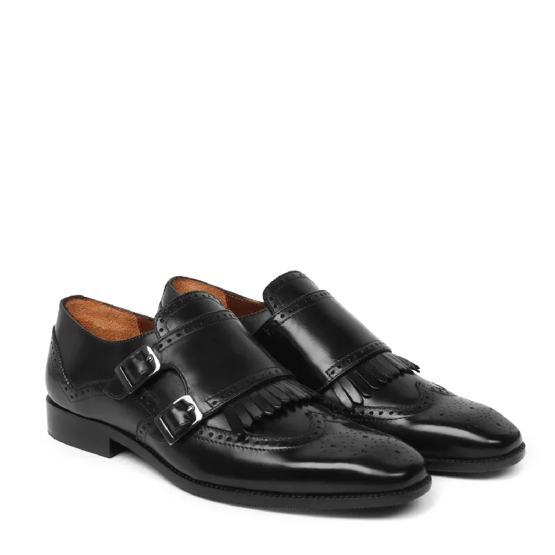 Unisex leather shoes versatile tan-Black Medallion Toe Wingtip Punching with Fringes Double Monk Strap Formals by Brune & Bareskin