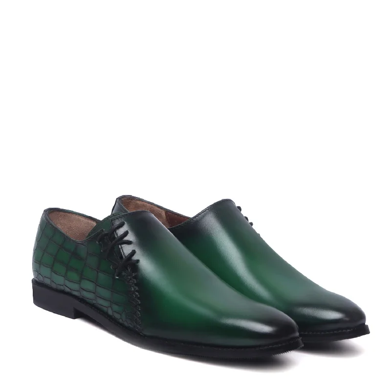 Unisex leather shoes office black-Burnished Green Cross Stitched Side Lacing with Quarter Smokey Croco Leather Shoes by Brune & Bareskin