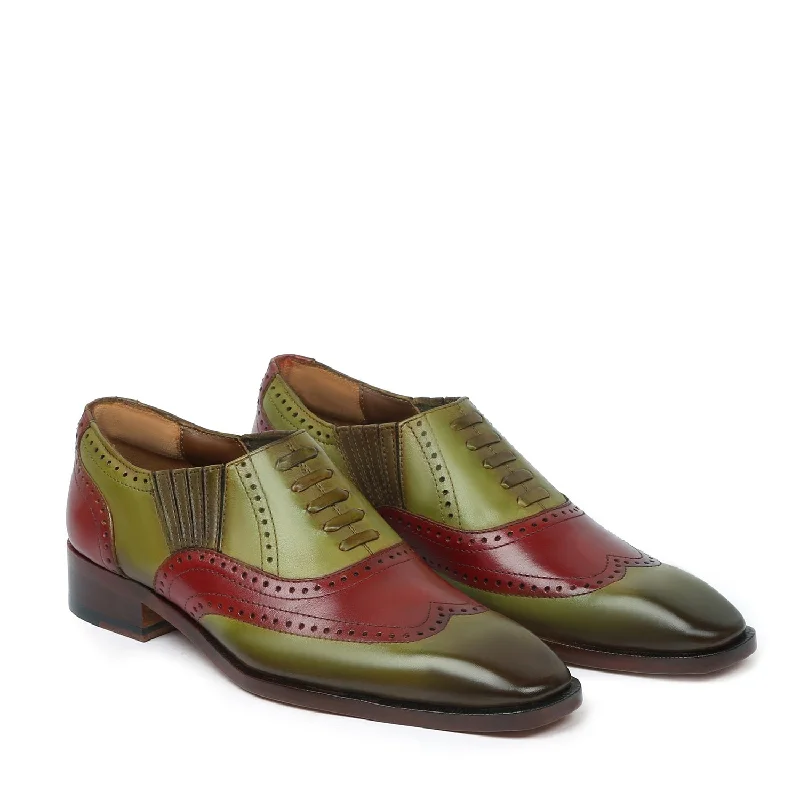 Unisex leather shoes soft tan-Dual Tone Wine Olive-Green Lazy Man Stylish Wingtip Punching with Fixed Lace Oxfords by Brune & Bareskin