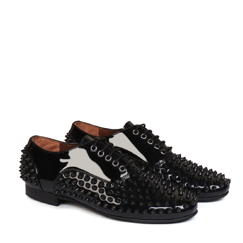 Unisex leather shoes polished black-Toe And Counter Black Studded Patent Oxford Leather Lace-Up's Shoes For Men by Brune & Bareskin