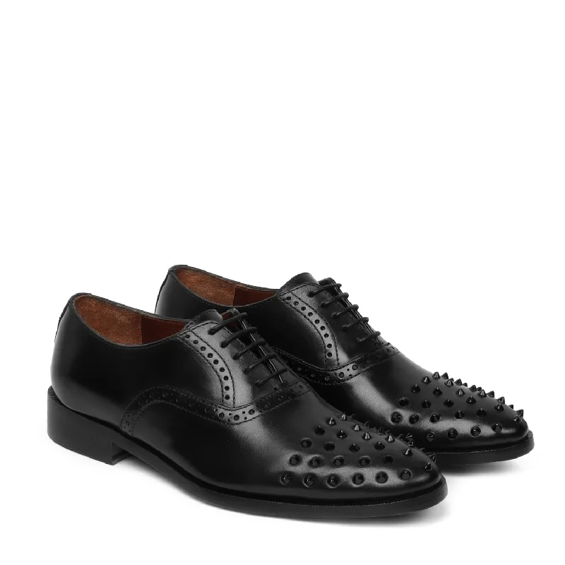 Unisex leather shoes office chic-Men's Black Quarter Brogue Oxford Leather Shoes with Studded Toe by Brune & Bareskin