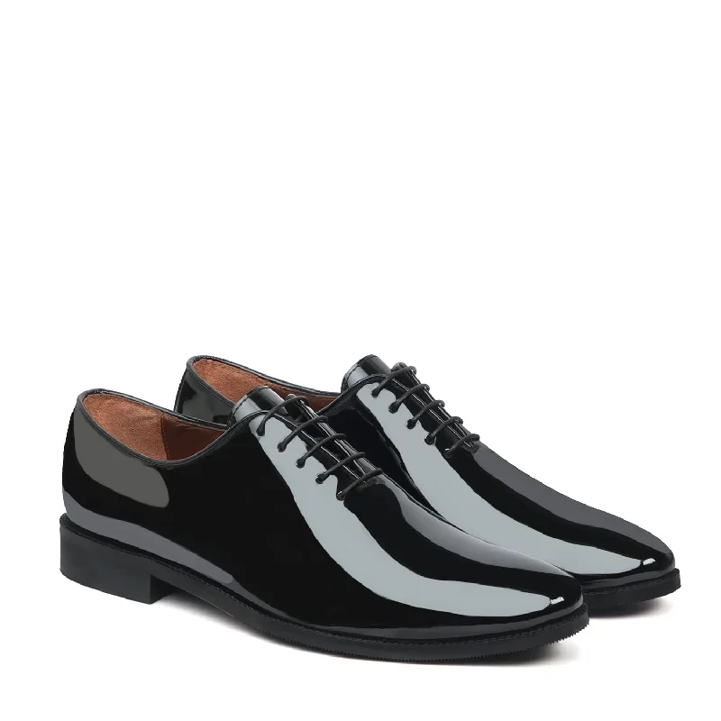 Unisex leather shoes soft white-Black Patent Whole Cut/One-Piece Oxford Leather Lace-Up Shoes For Men By Brune & Bareskin