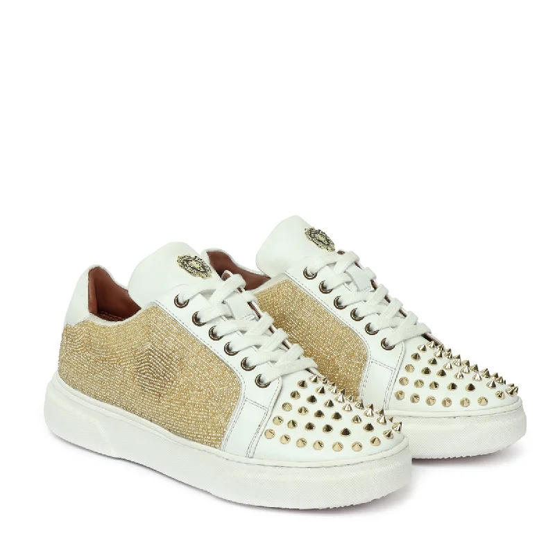 Unisex leather shoes formal gray-White Leather Low Top Sneakers with Studded Toe Golden Cut stones