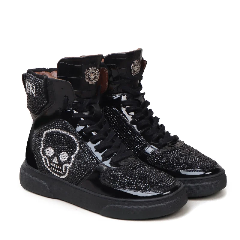 Unisex leather shoes lightweight white-Studded Patent Leather Sneakers with Black and Silver 'BARESKIN' Skull Face Swarovski Crystal Zardosi by Brune & Bareskin