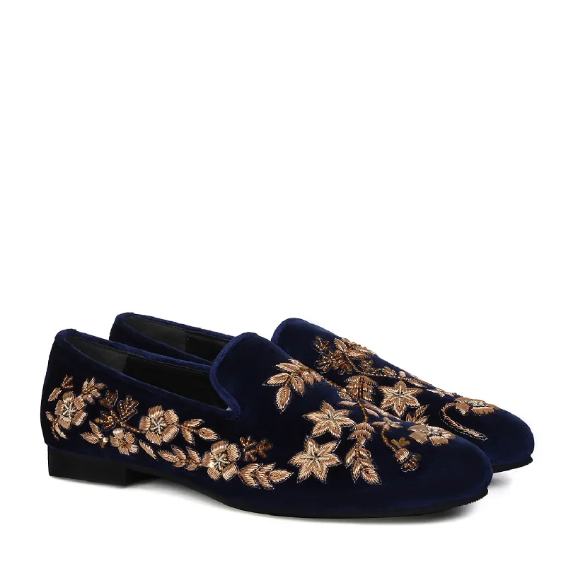 Unisex leather shoes soft tan-Wedding Oriented Slip-On Shoes in Blue Velvet with Floral Pattern Golden Hand Zardosi By Brune & Bareskin