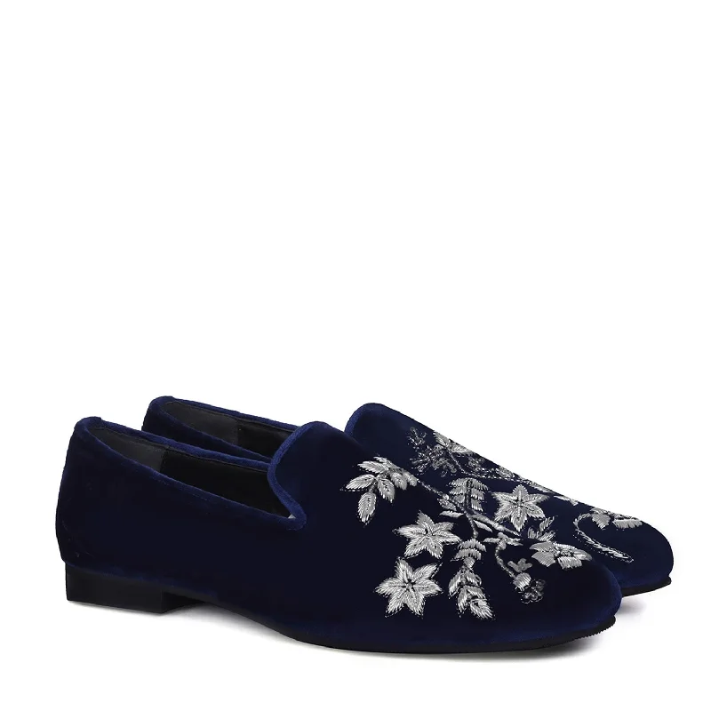 Unisex leather shoes durable white-Blue Italian Velvet Slip-On Shoes with Floral Pattern Silver Handmade Zardosi For Men By Brune & Bareskin