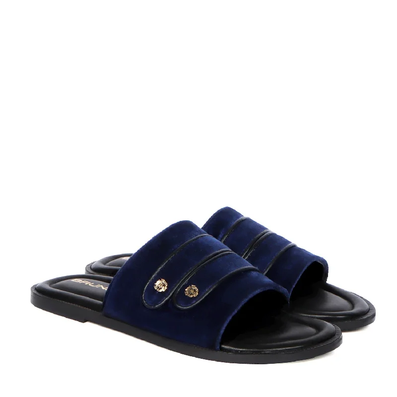 Unisex leather shoes formal white-Welt Slide in Slippers with Blue Italian Velvet Two Strapped