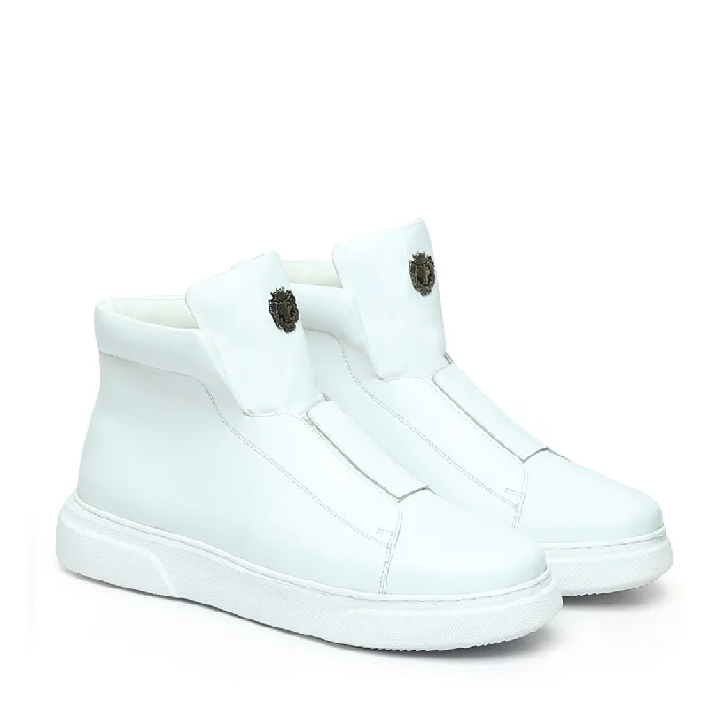 Unisex leather shoes versatile white-White Leather Mid-Top Sneakers in Stretchable Closure by Brune & Bareskin