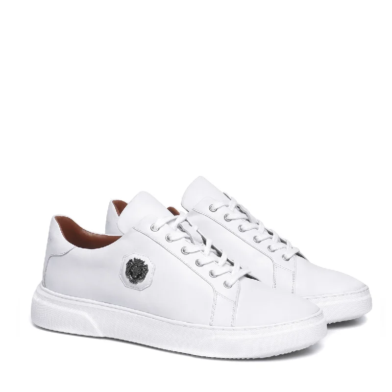 Unisex leather shoes durable gray-White Leather Sneakers with Metal Lion logo on Quarter