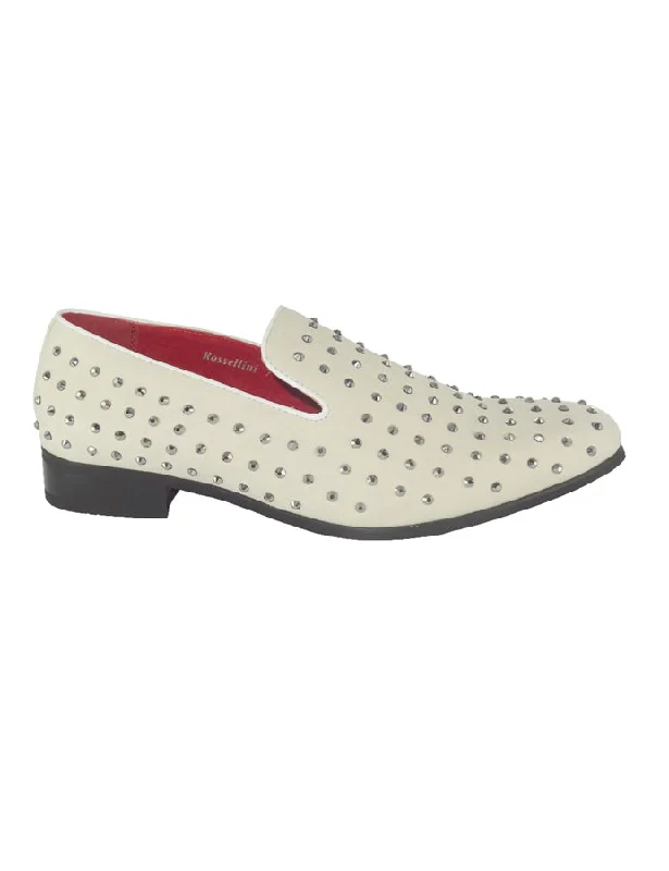 Unisex leather shoes versatile navy-WHITE SUEDE LEATHER LINED GLITTER STUD LOAFERS