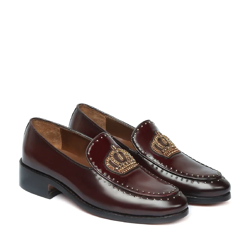 Unisex leather shoes lightweight gray-Studded Apron Leather Loafers in Wine Patent Crown Zardosi