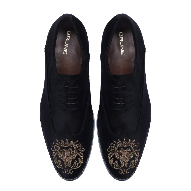 Unisex leather shoes premium tan-Black Velvet Lace-Up Formal Shoes with Zardosi Lion For Men By Brune & Bareskin